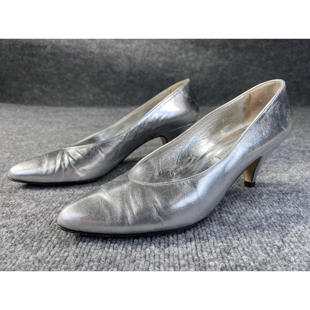 Vintage Pancaldi Silver Metallic Pumps Heels Womens 9 AA Leather Neiman Marcus